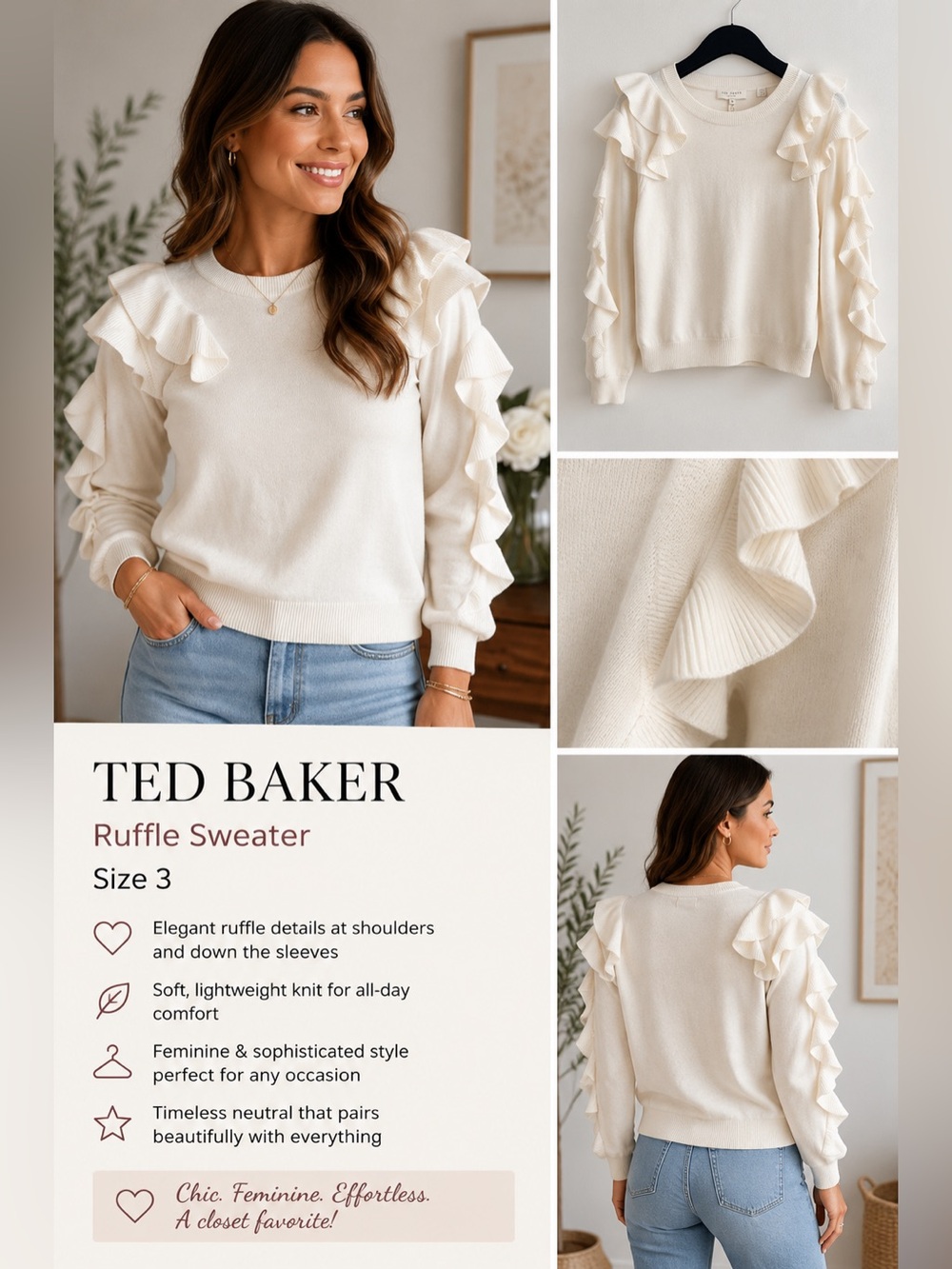 Ted Baker London Ruffle Sweater Size 3 Ivory Cream Feminine Romantic Knit Top